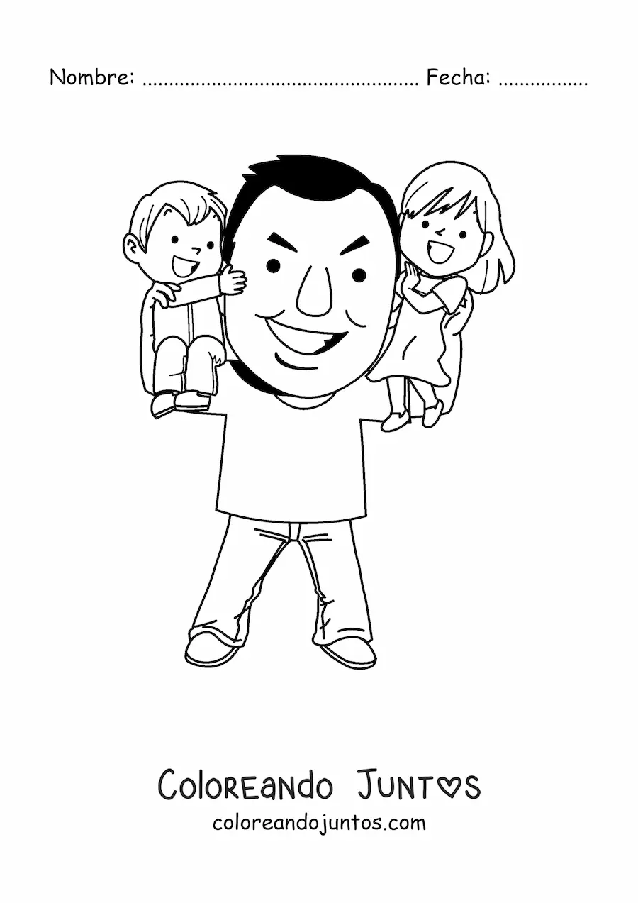 Imagen para colorear de un papá cargando a sus hijos