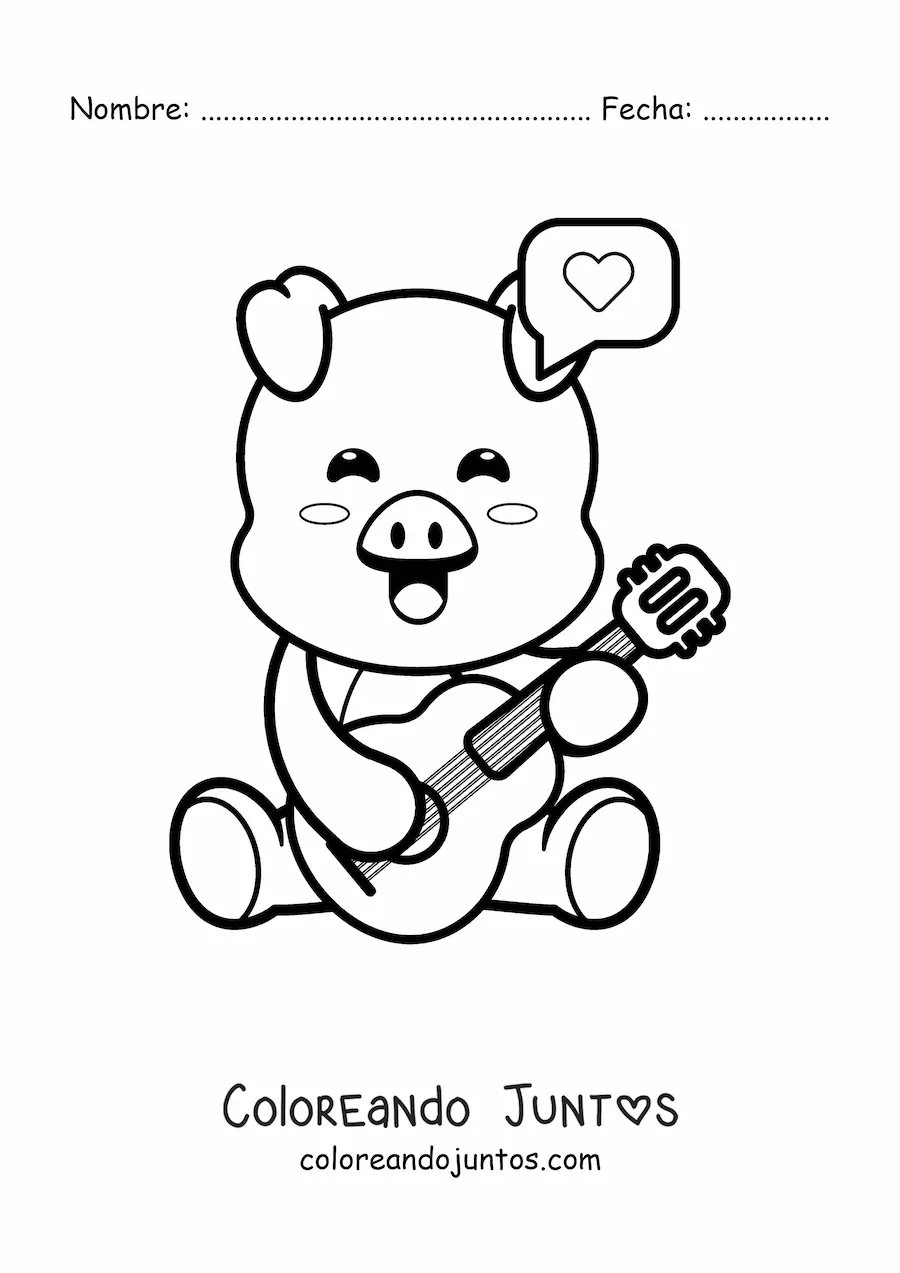 Imagen para colorear de un cerdo animado kawaii tocando una guitarra acústica