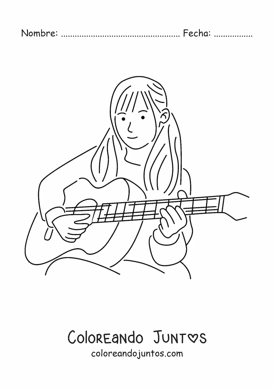 Imagen para colorear de una chica sentada tocando una guitarra clásica