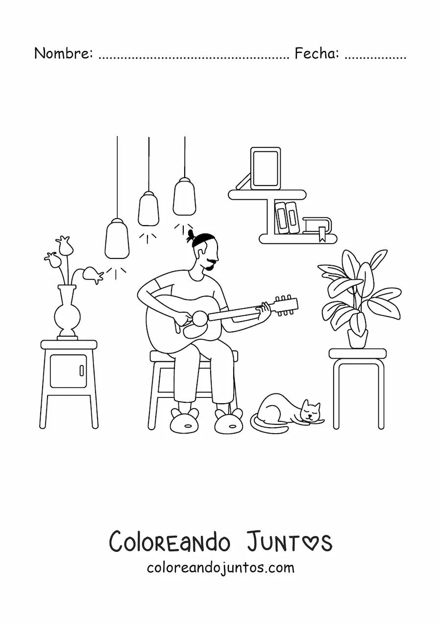 Imagen para colorear de un chico tocando la guitarra en casa