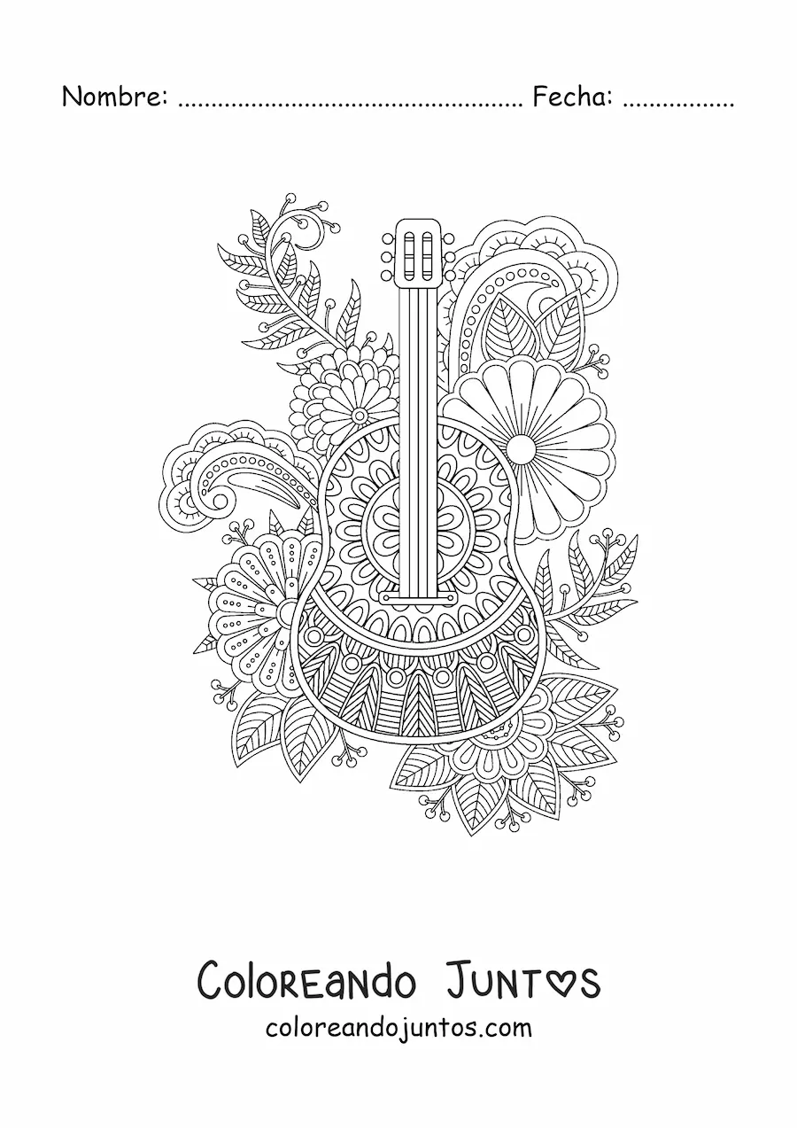 Imagen para colorear de un mandala con forma de guitarra clásica