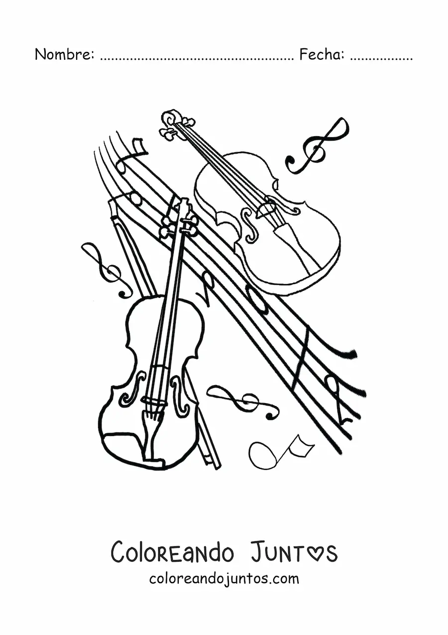Imagen para colorear de dos violines rodeados de notas musicales