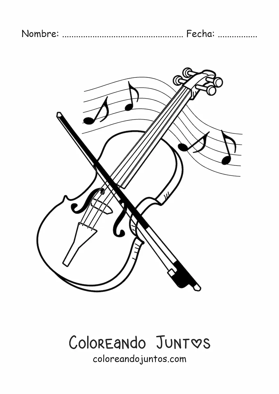 Imagen para colorear de un violín y su arco rodeados de notas musicales