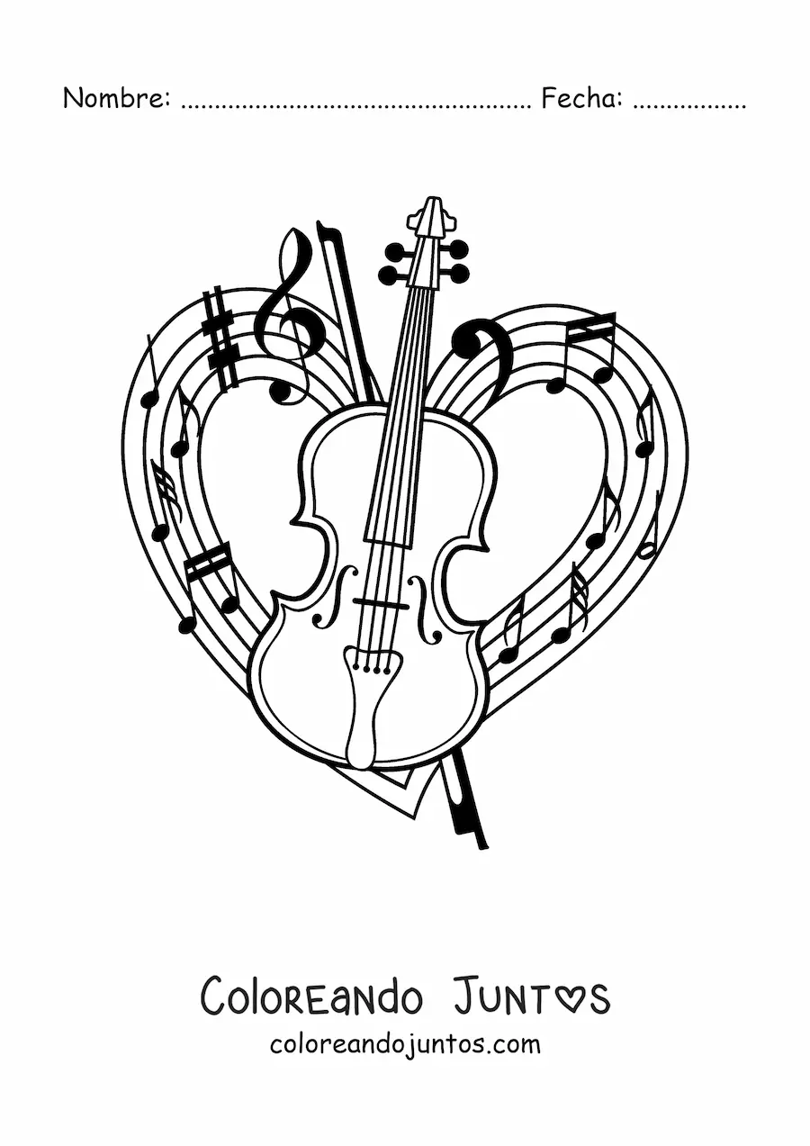 Imagen para colorear de un violín y su arco con un pentagrama en forma de corazón