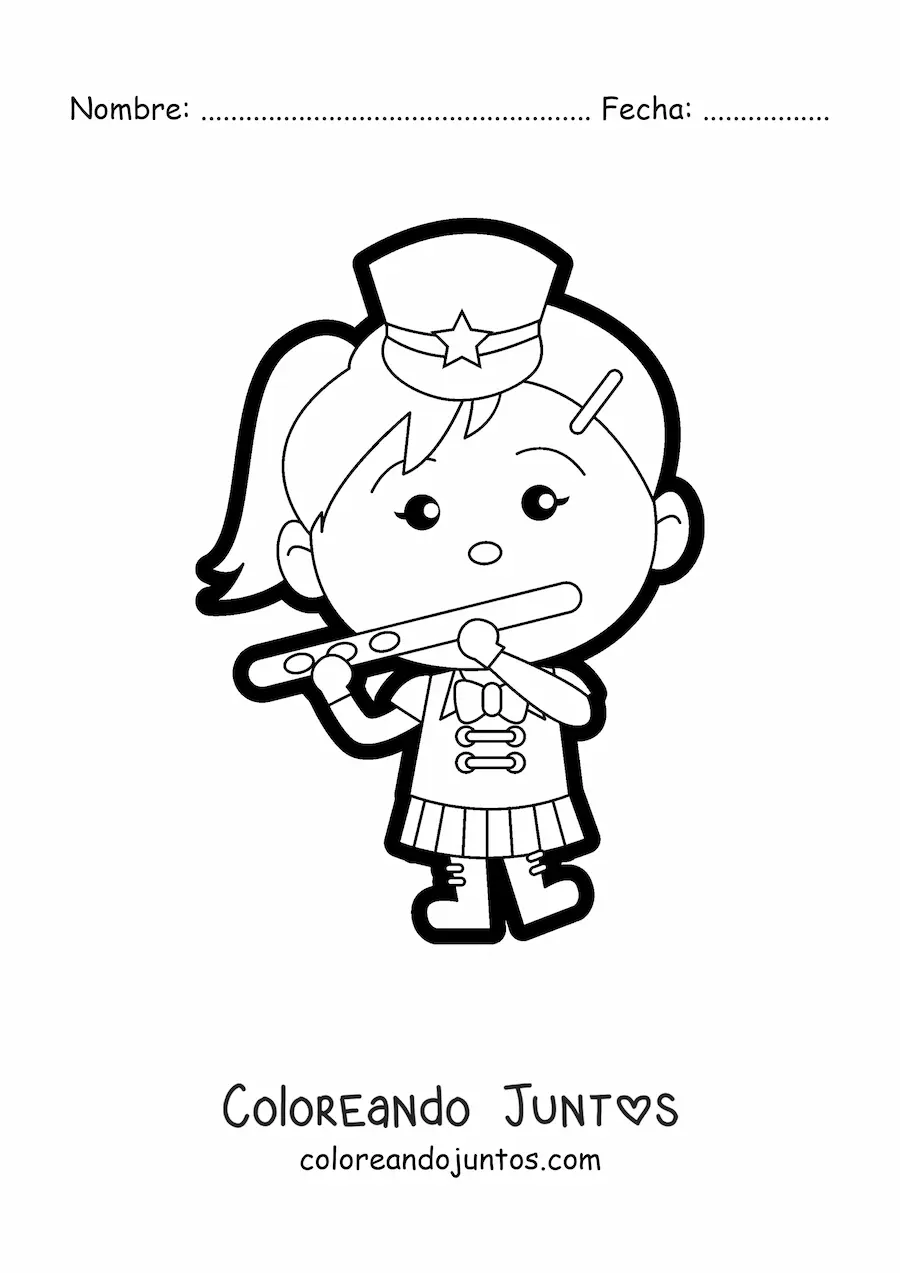 Imagen para colorear de una niña flautista vestida con uniforme de banda marcial