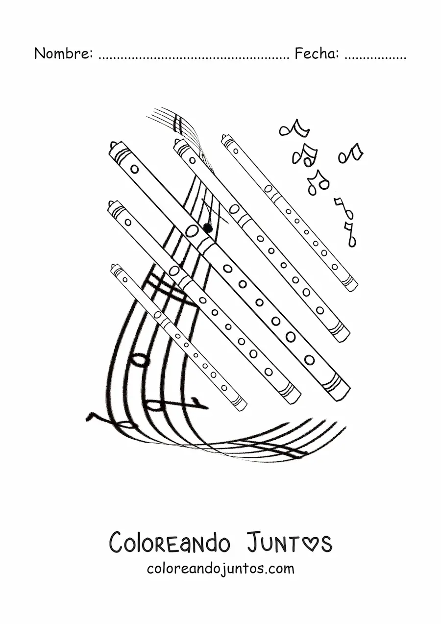 Imagen para colorear de varias flautas sobre un pentagrama con notas musicales