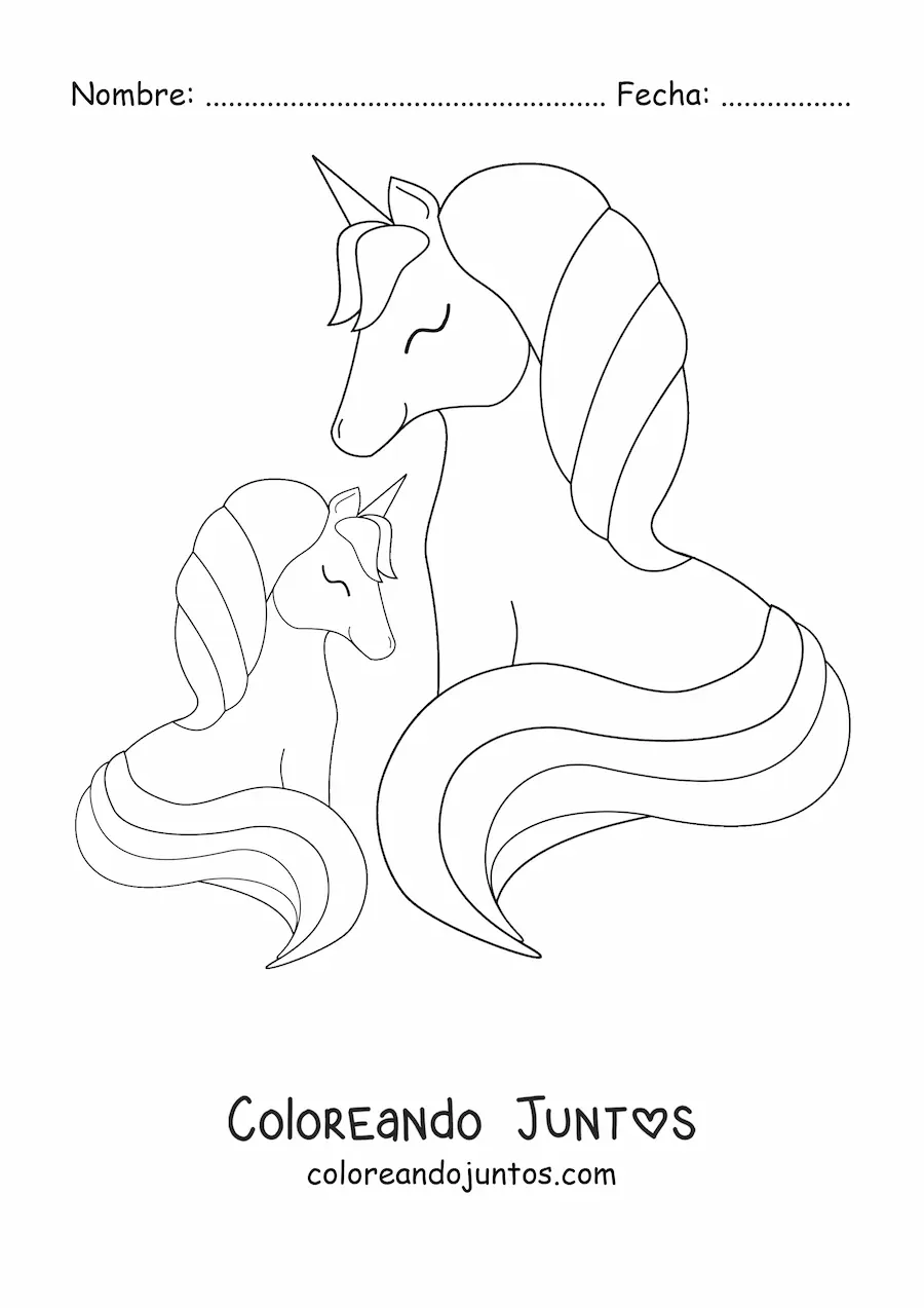 Imagen para colorear de una madre unicornio con su hijo, un pequeño unicornio bebé