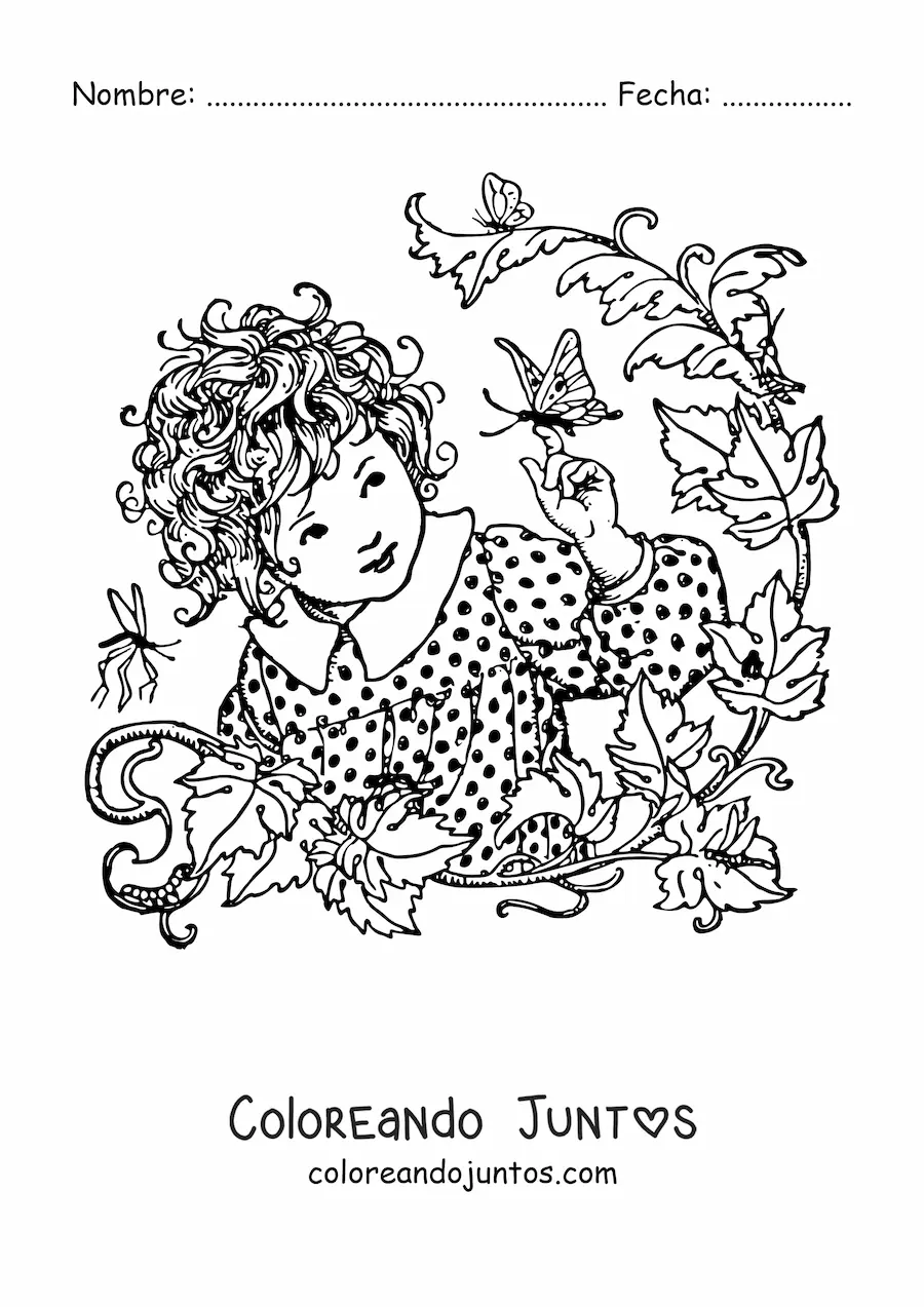 Imagen para colorear de una niña rodeada de plantas jugando con una mariposa