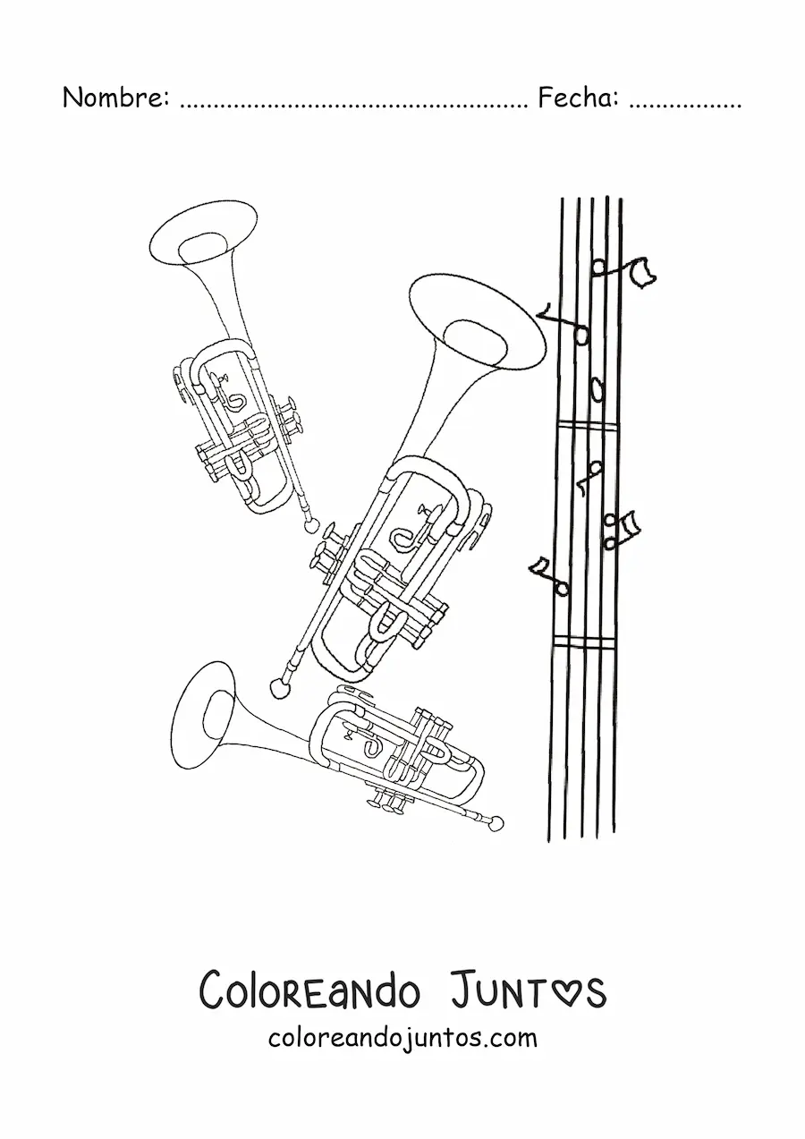Imagen para colorear de dos trompetas junto a un pentagrama con notas musicales