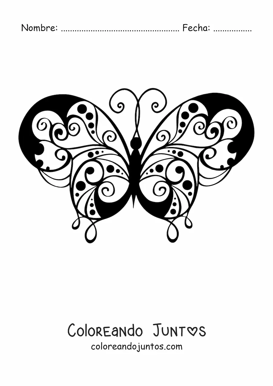 Imagen para colorear de una mariposa con alas con diseño