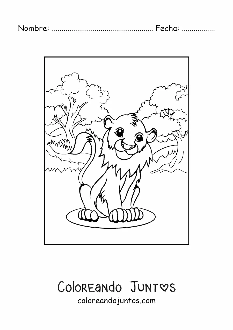 Imagen para colorear de un tierno león pequeño sentado en la sabana