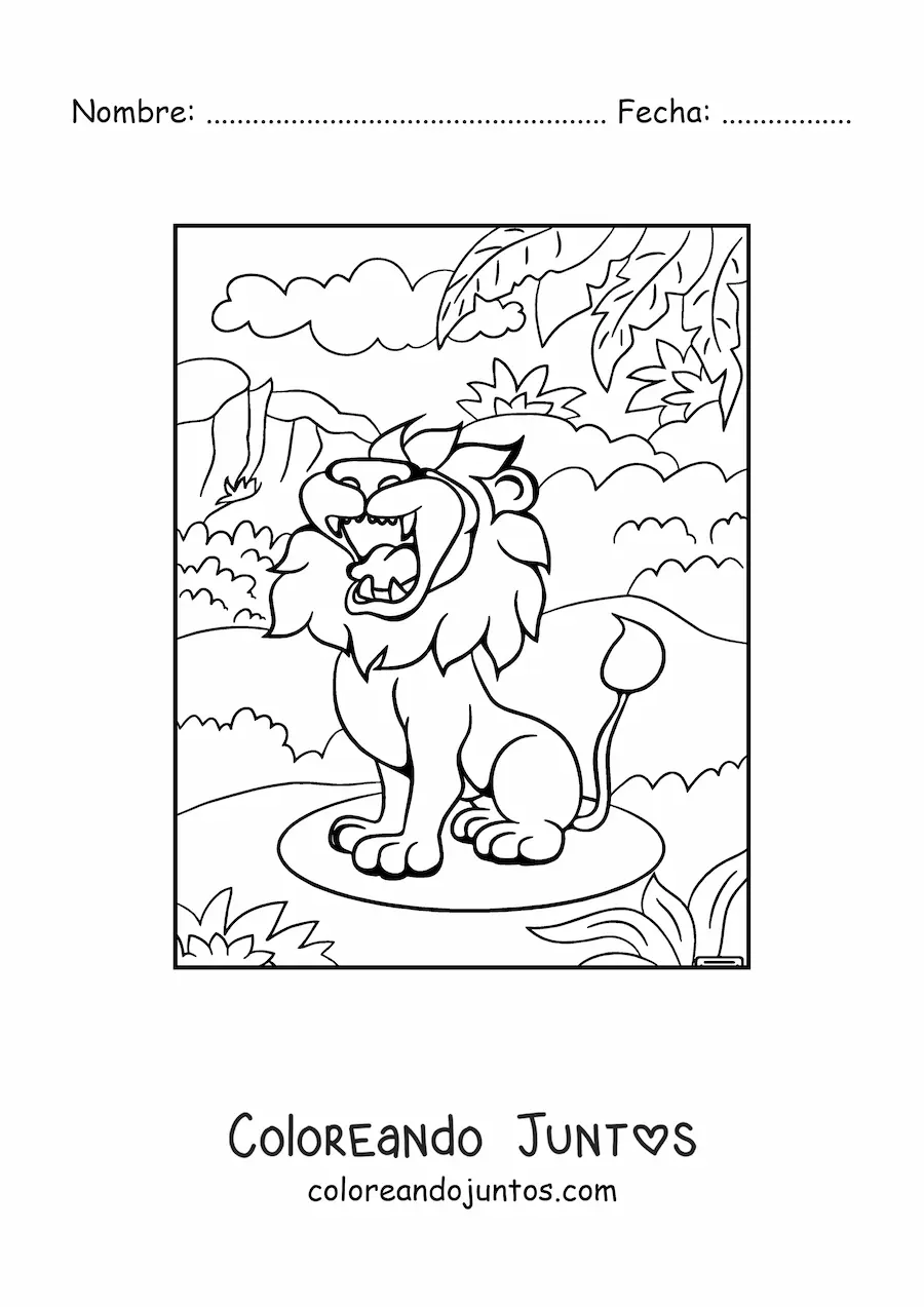 Imagen para colorear de un león feroz rugiendo en su hábitat
