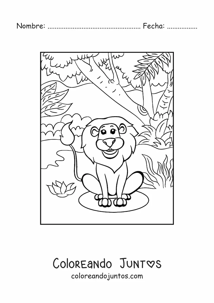 Imagen para colorear de un león sonriente sentado entre la vegetación de la selva