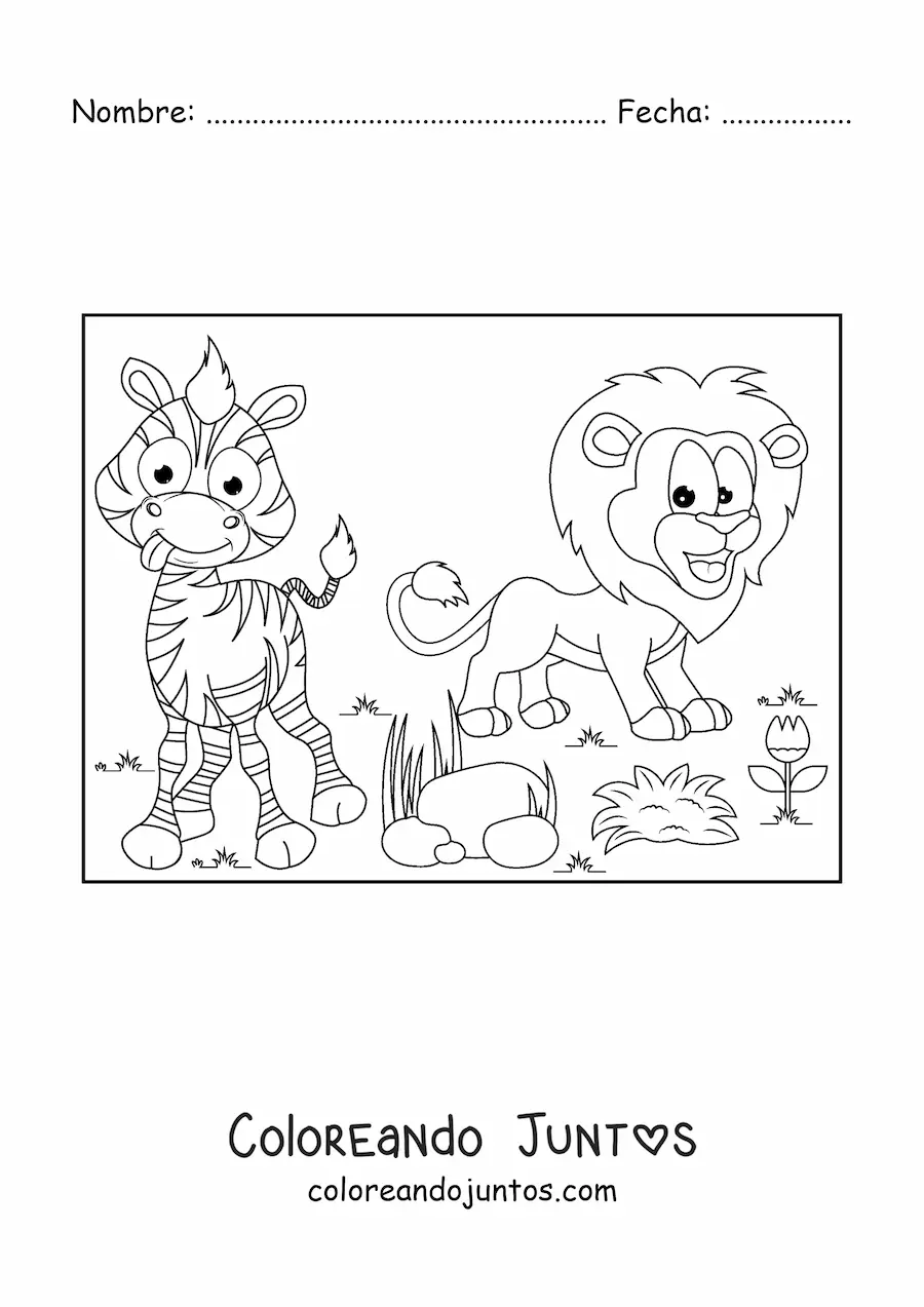 Imagen para colorear de una caricatura de un león y una cebra graciosa