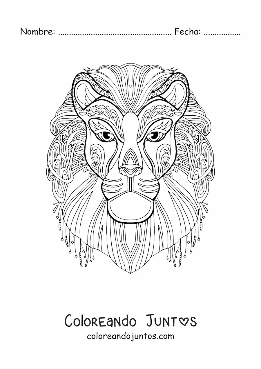 Imagen para colorear de un mandala con forma de la cara de un león