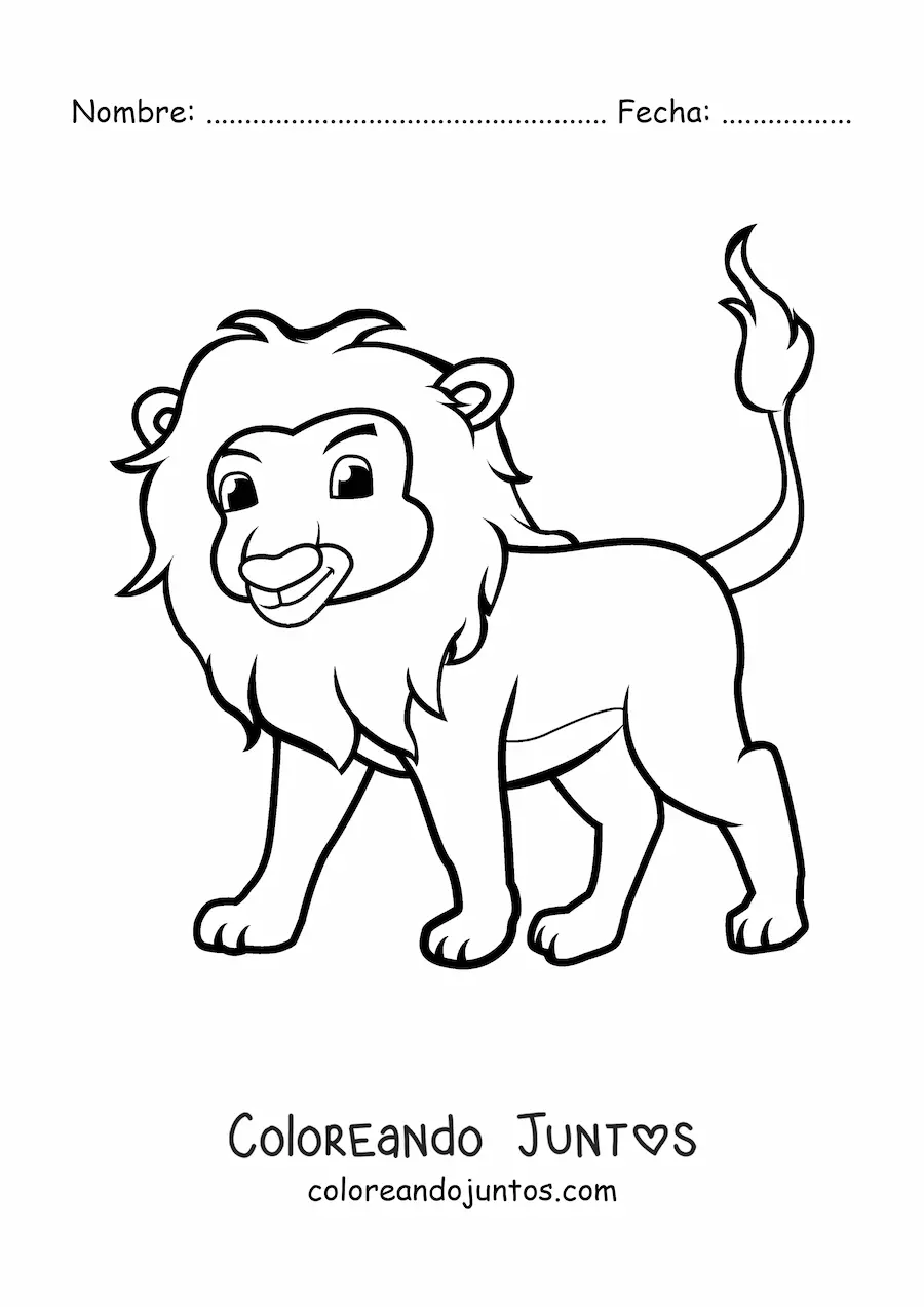 Imagen para colorear de un león animado de pie en cuatro patas