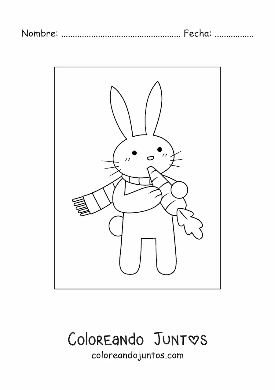 Imagen para colorear de un conejo animado con bufanda comiendo una zanahoria