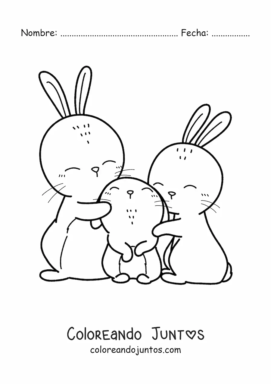 Imagen para colorear de una familia de tres conejos tiernos abrazados