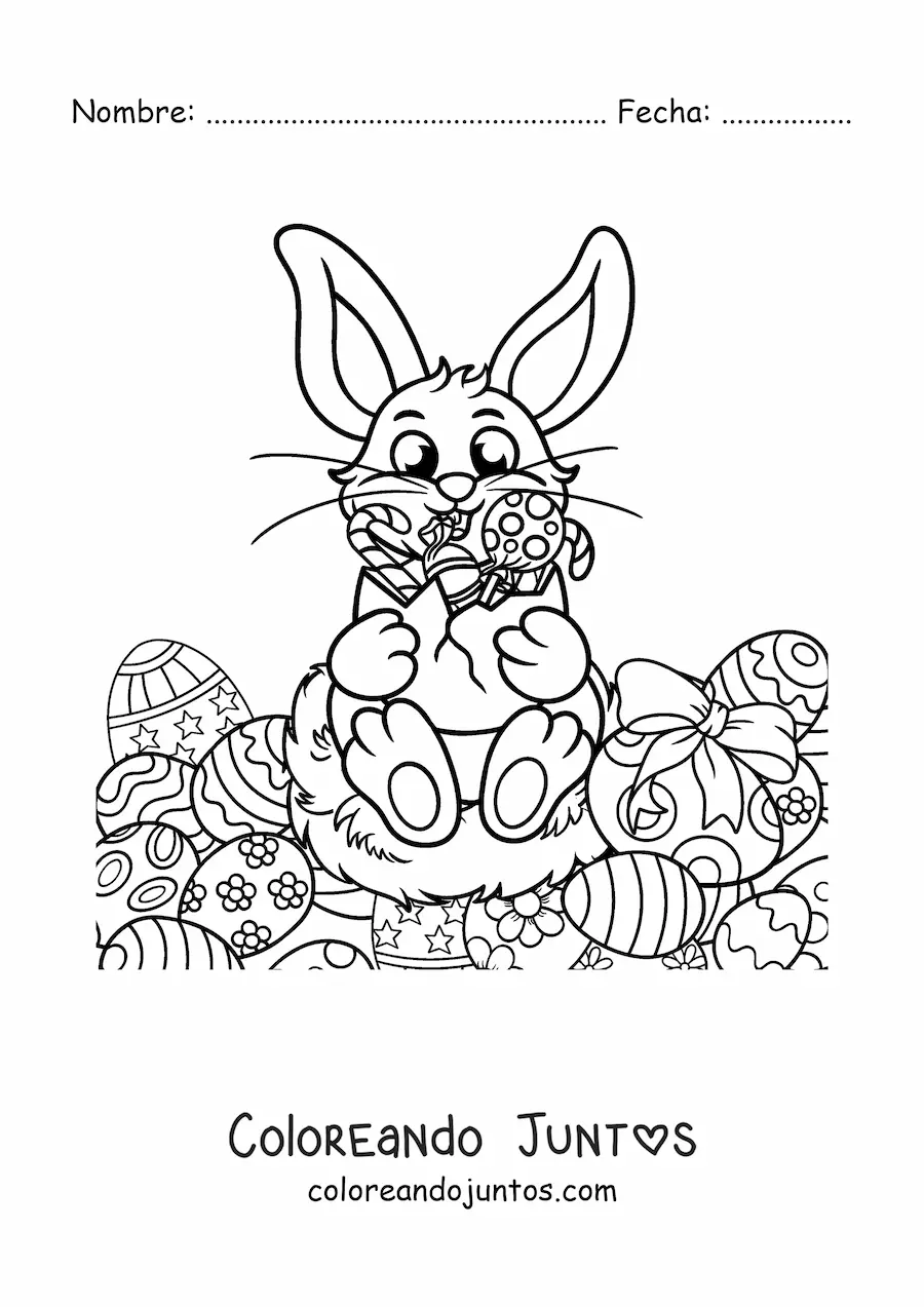 Imagen para colorear de un conejo animado sujetando huevos de pascua y rodeado de huevos de pascua
