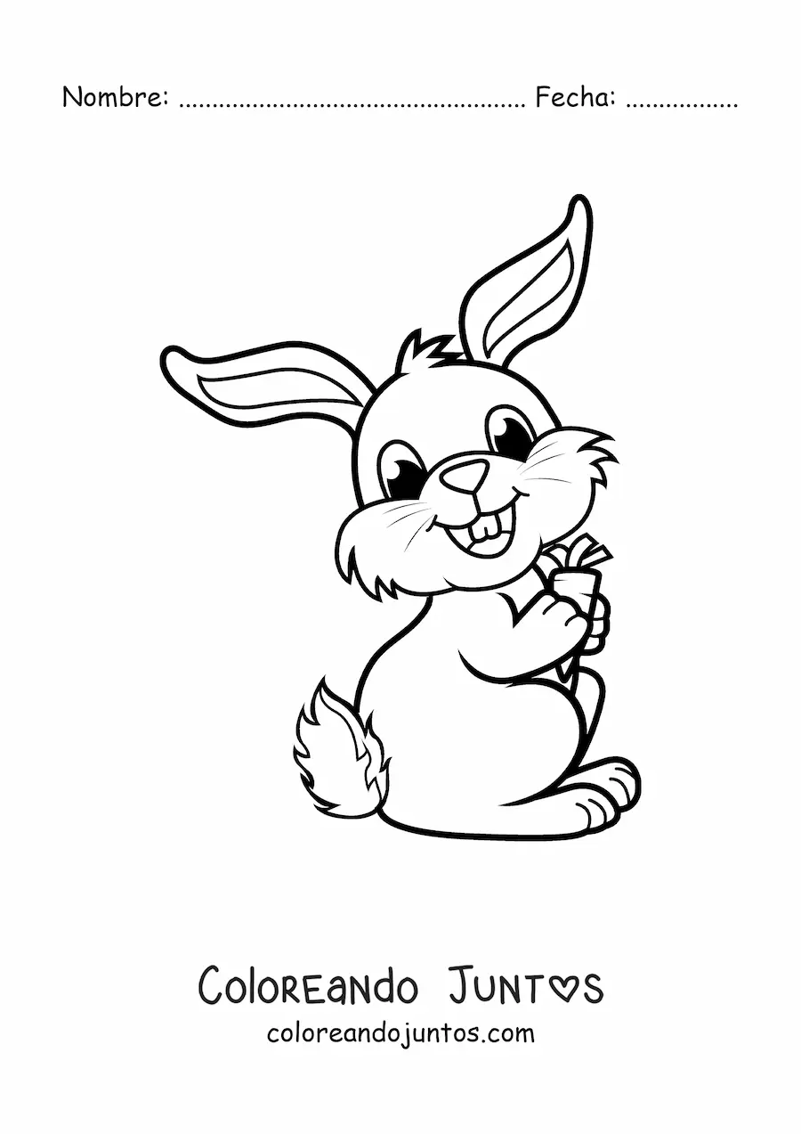 Imagen para colorear de un conejo gracioso sonriendo sujetando una zanahoria