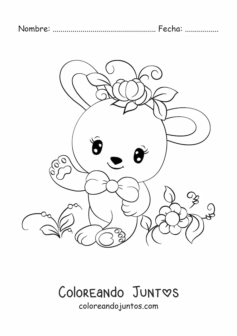 Imagen para colorear de un conejo kawaii animado rodeado de flores