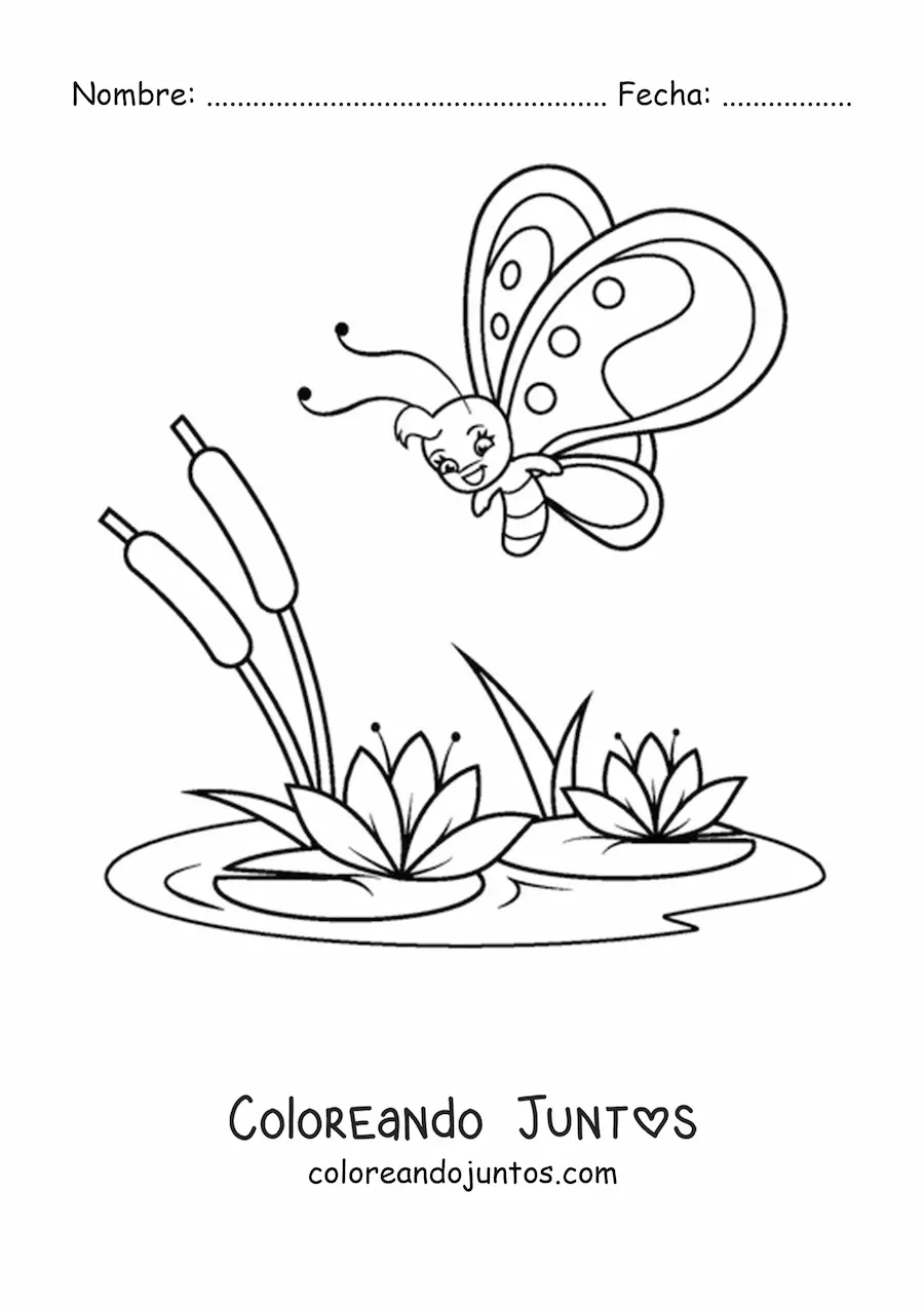 Imagen para colorear de una mariposa animada volando hacia unas flores nenúfares