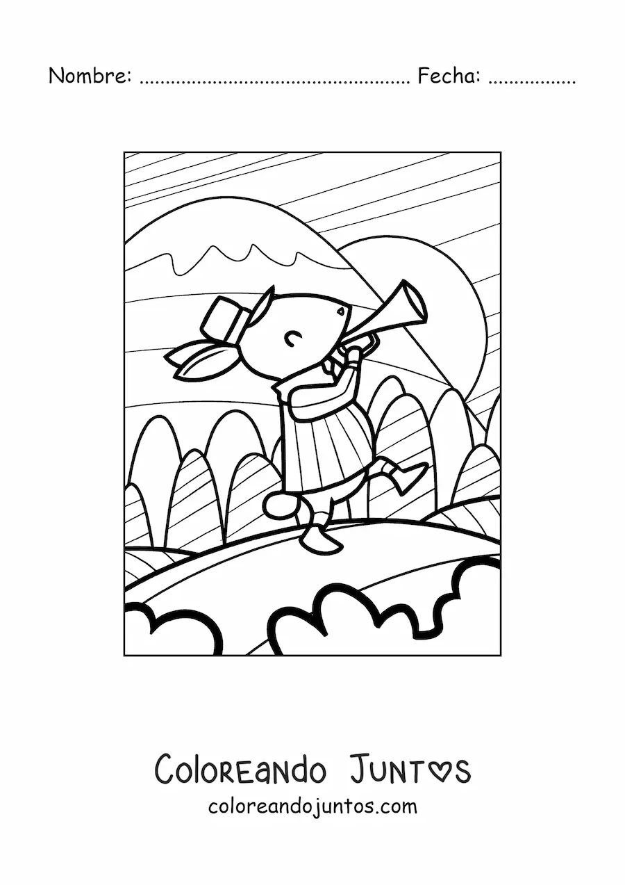 Imagen para colorear de una caricatura de un conejo caminando tocando la trompeta