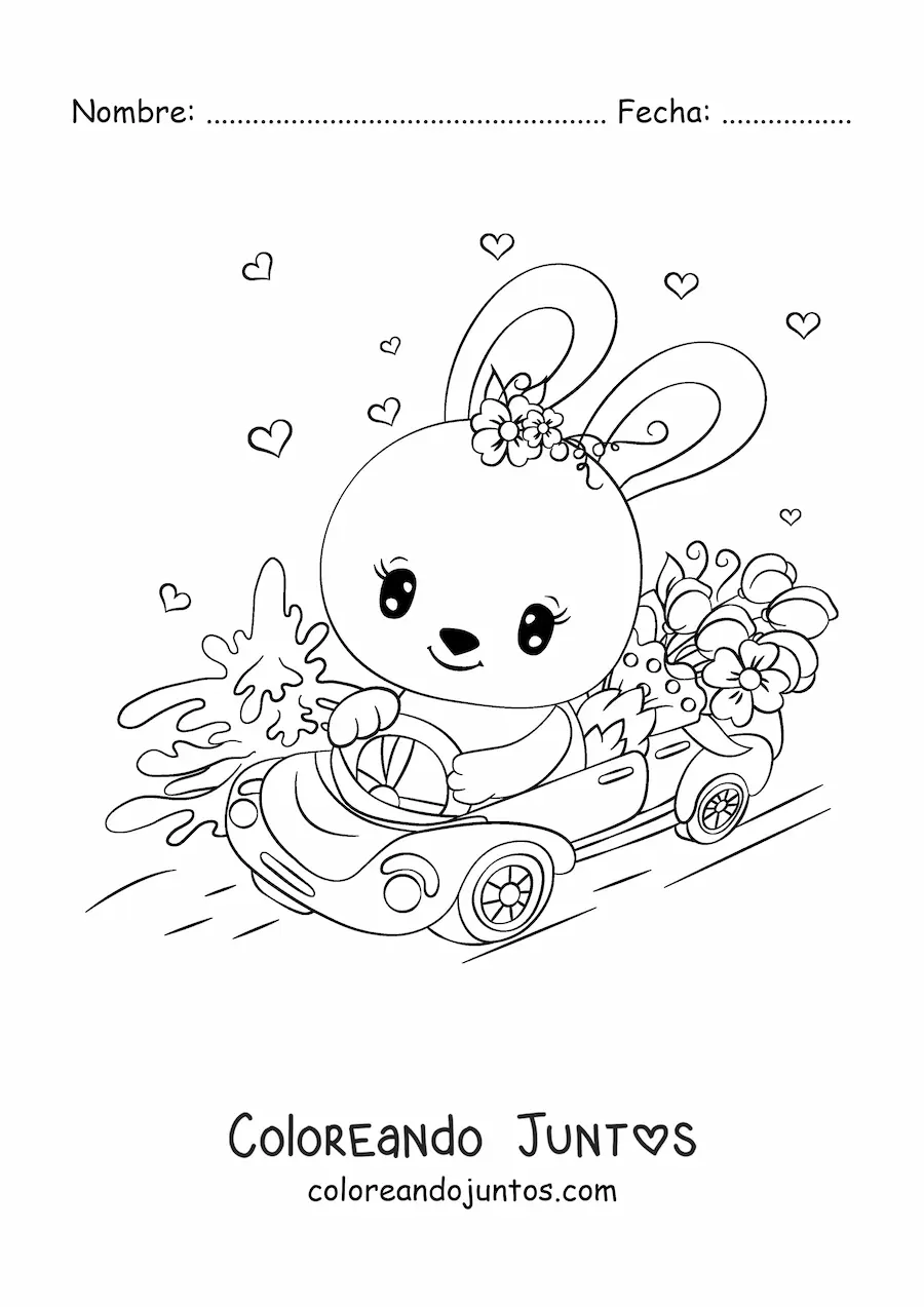 Imagen para colorear de un conejo kawaii conduciendo un auto decorado con flores