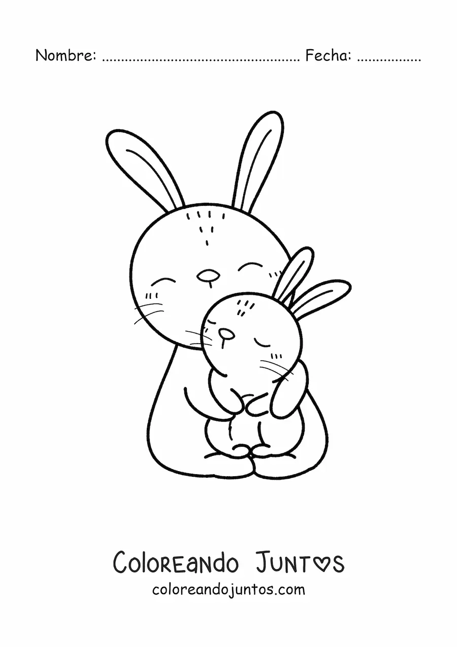 Imagen para colorear de una mamá coneja tierna abrazando a su cria
