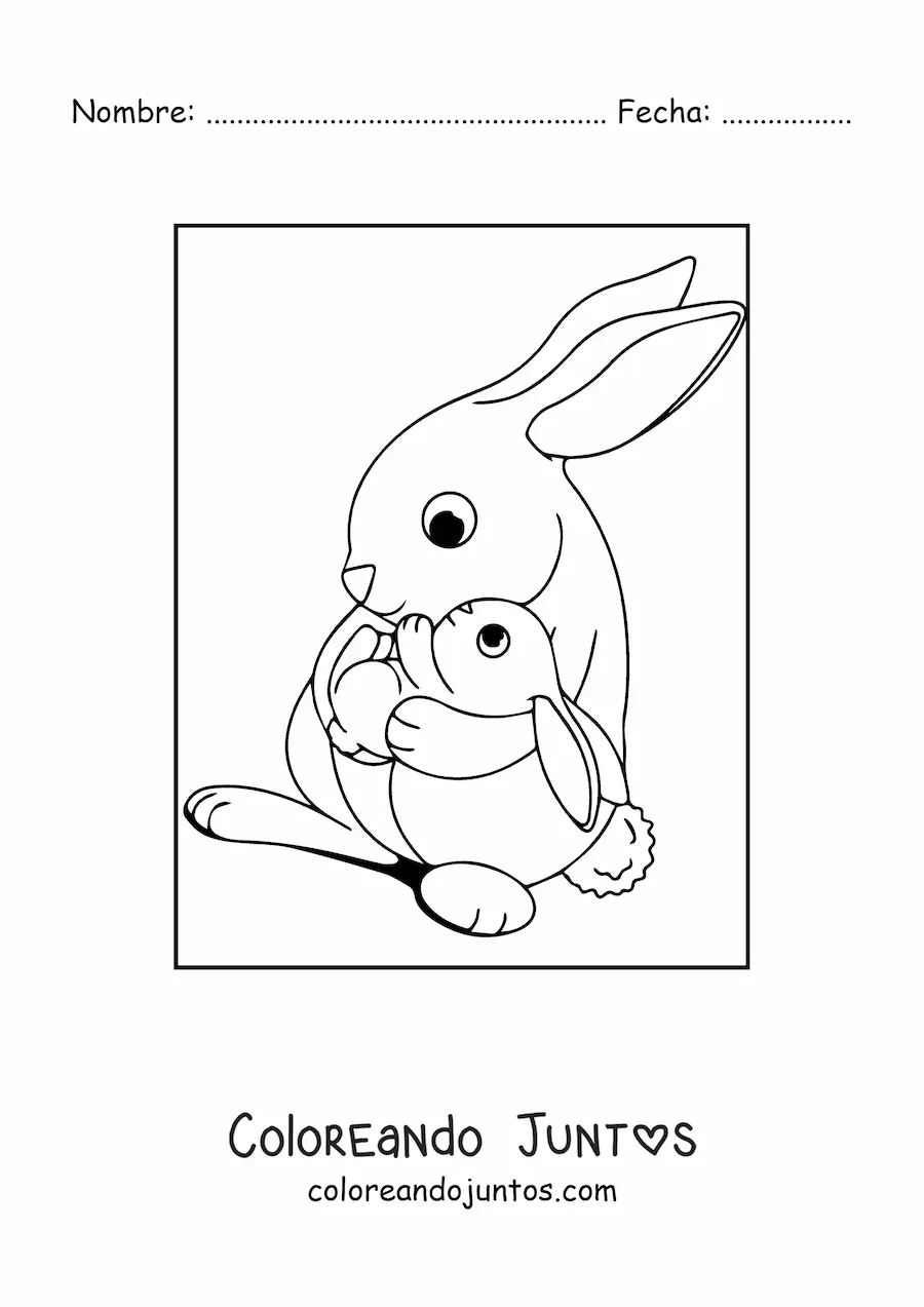 Imagen para colorear de una mamá coneja sosteniendo a un conejo bebé en sus brazos