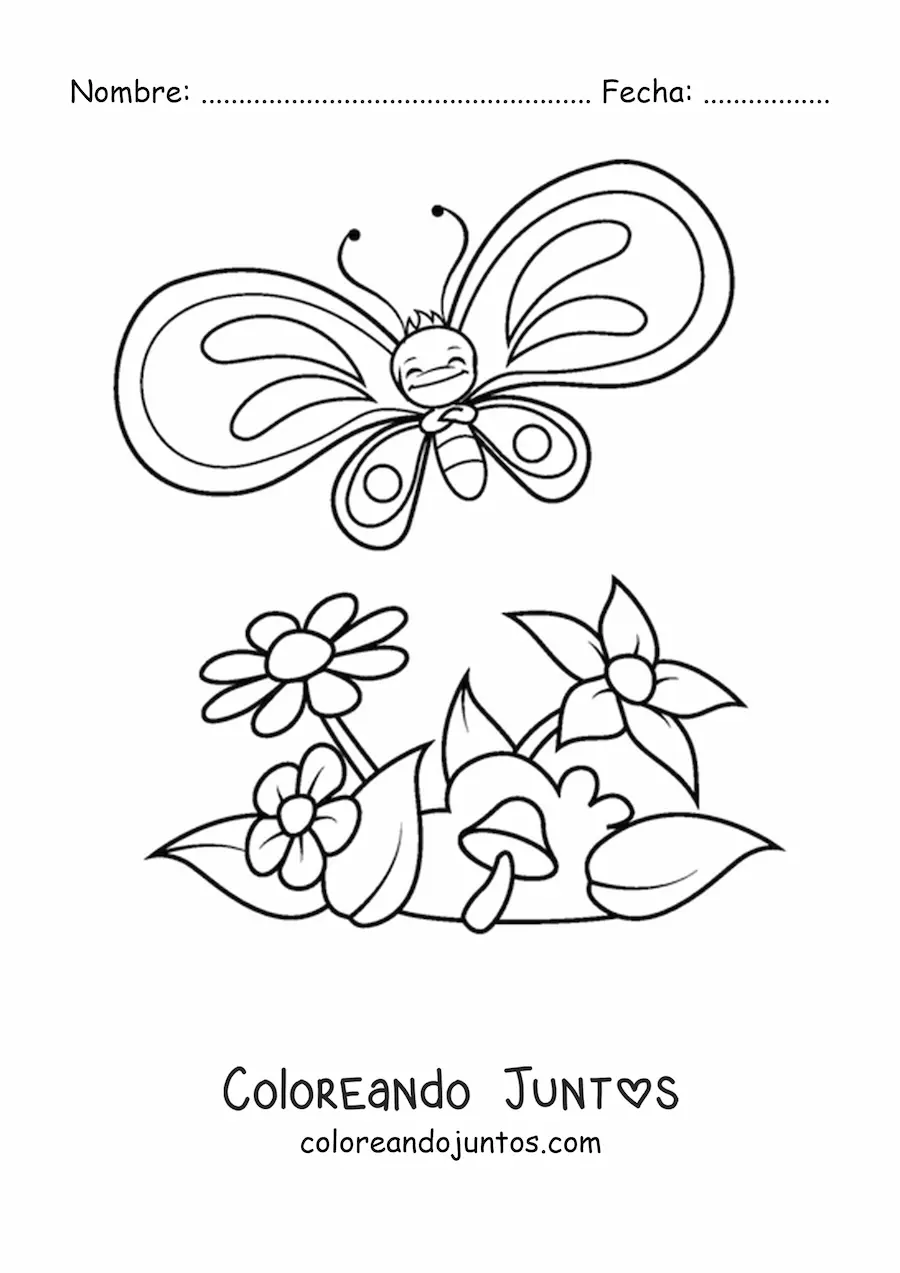 Imagen para colorear de una mariposa animada alegre volando sobre varias flores