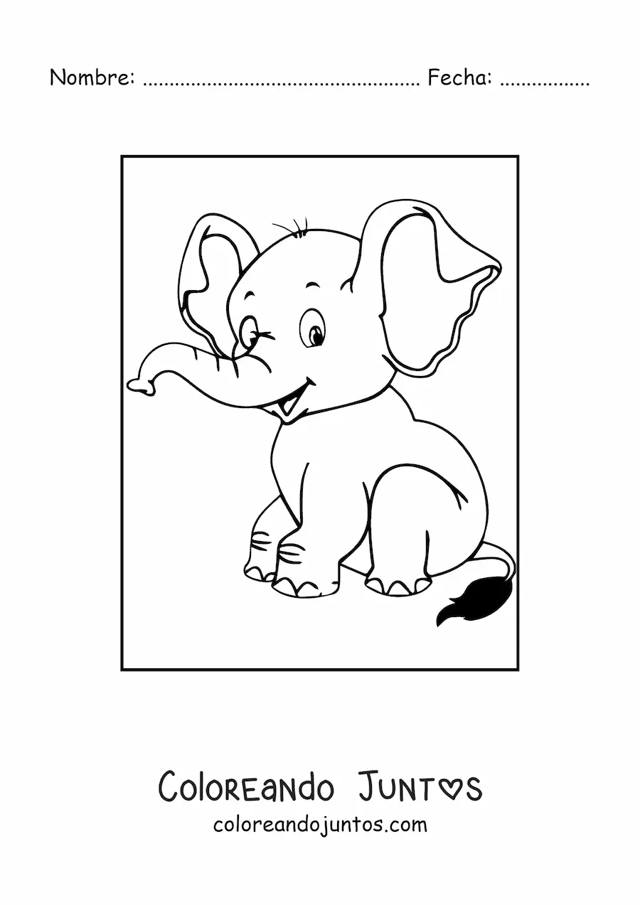 Imagen para colorear de un bebé elefante tierno sentado sonriente