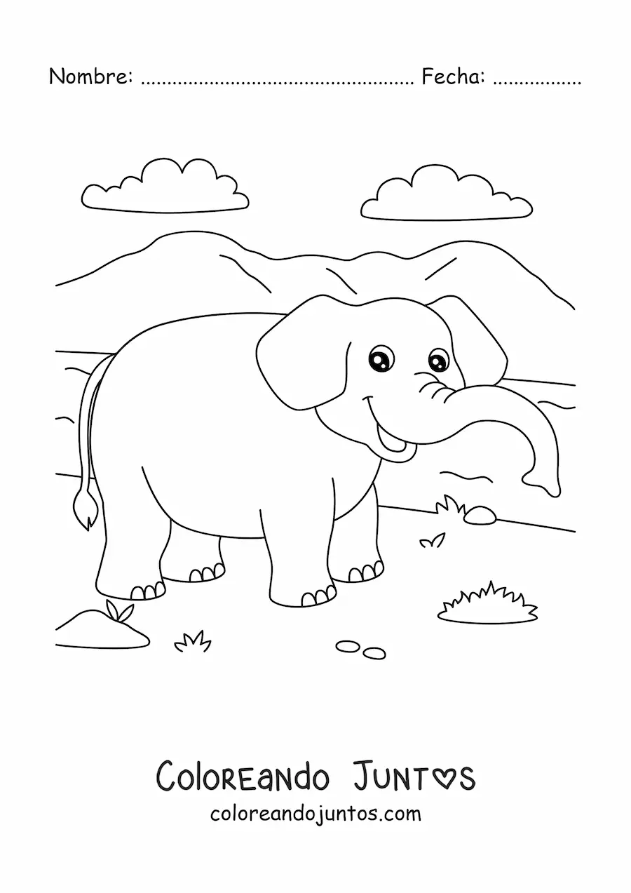 Imagen para colorear de un elefante animado caminando en la sabana