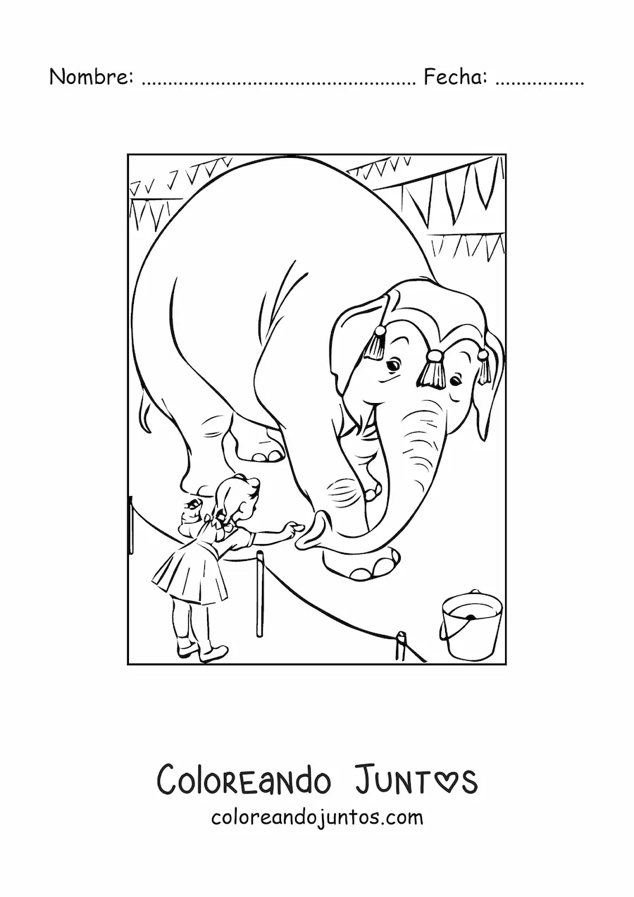 Imagen para colorear de una niña alimentando a un elefante de circo