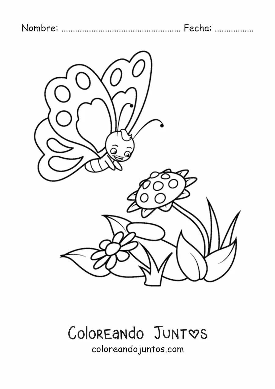 Imagen para colorear de una mariposa animada acercándose a dos flores