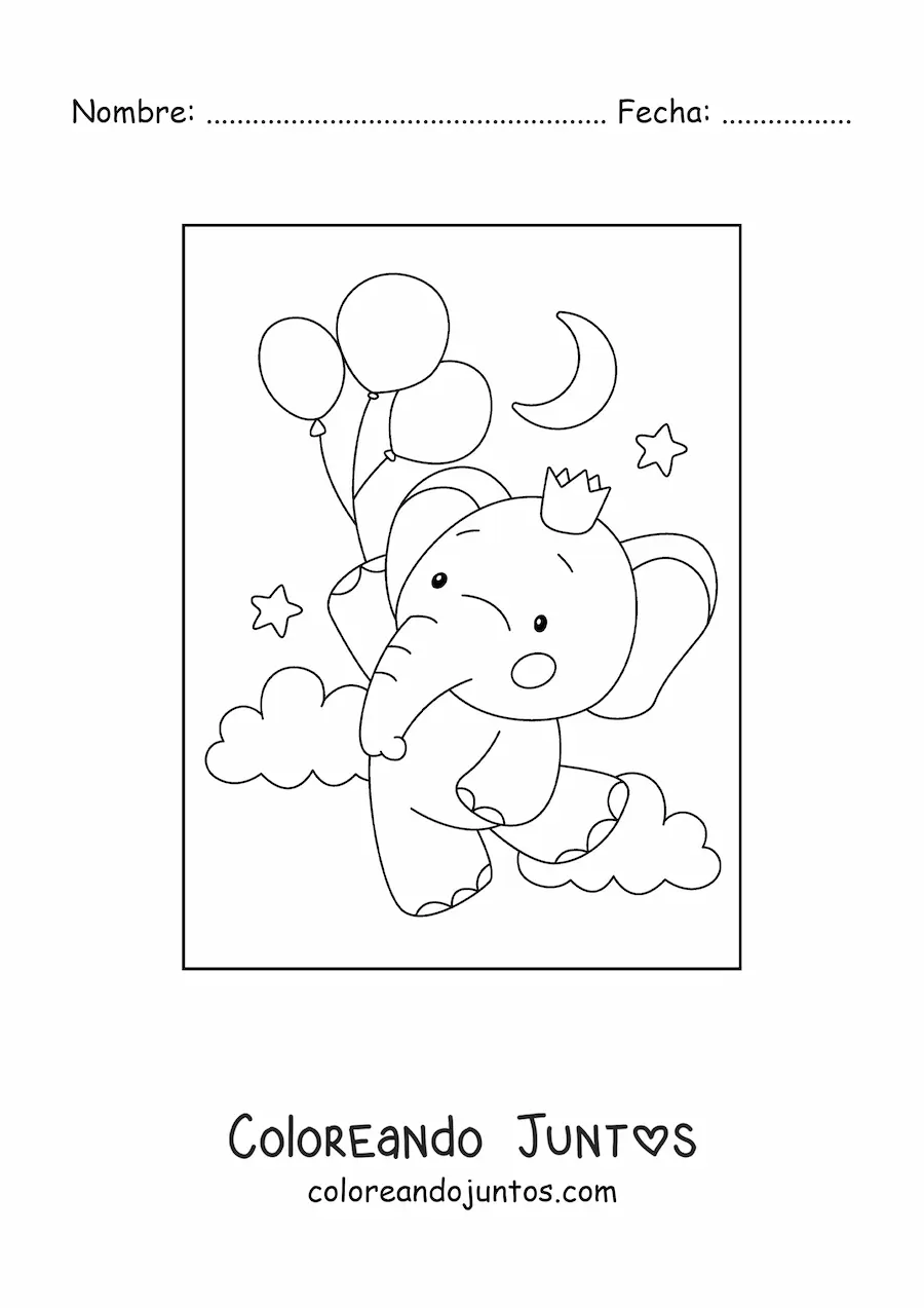 Imagen para colorear de un elefante bebé kawaii con una corona flotando sujetado a unos globos