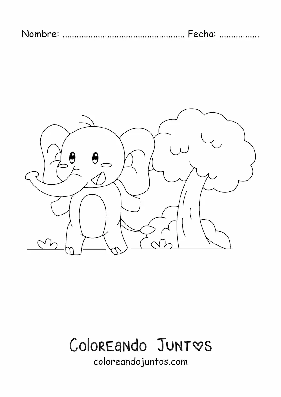 Imagen para colorear de un elefante kawaii animado parado en dos patas en un paisaje con árboles