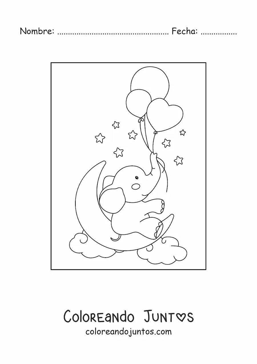 Imagen para colorear de un elefante bebé kawaii sentado en una media luna en el cielo sujetando globos de corazón con la trompa