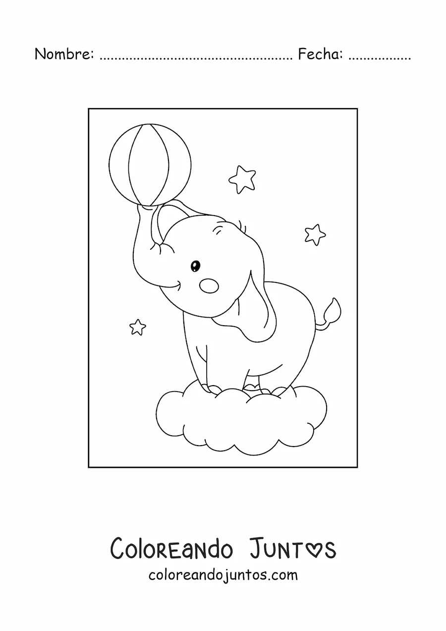 Imagen para colorear de un elefante bebé kawaii sobre una nube sosteniendo una pelota con la trompa