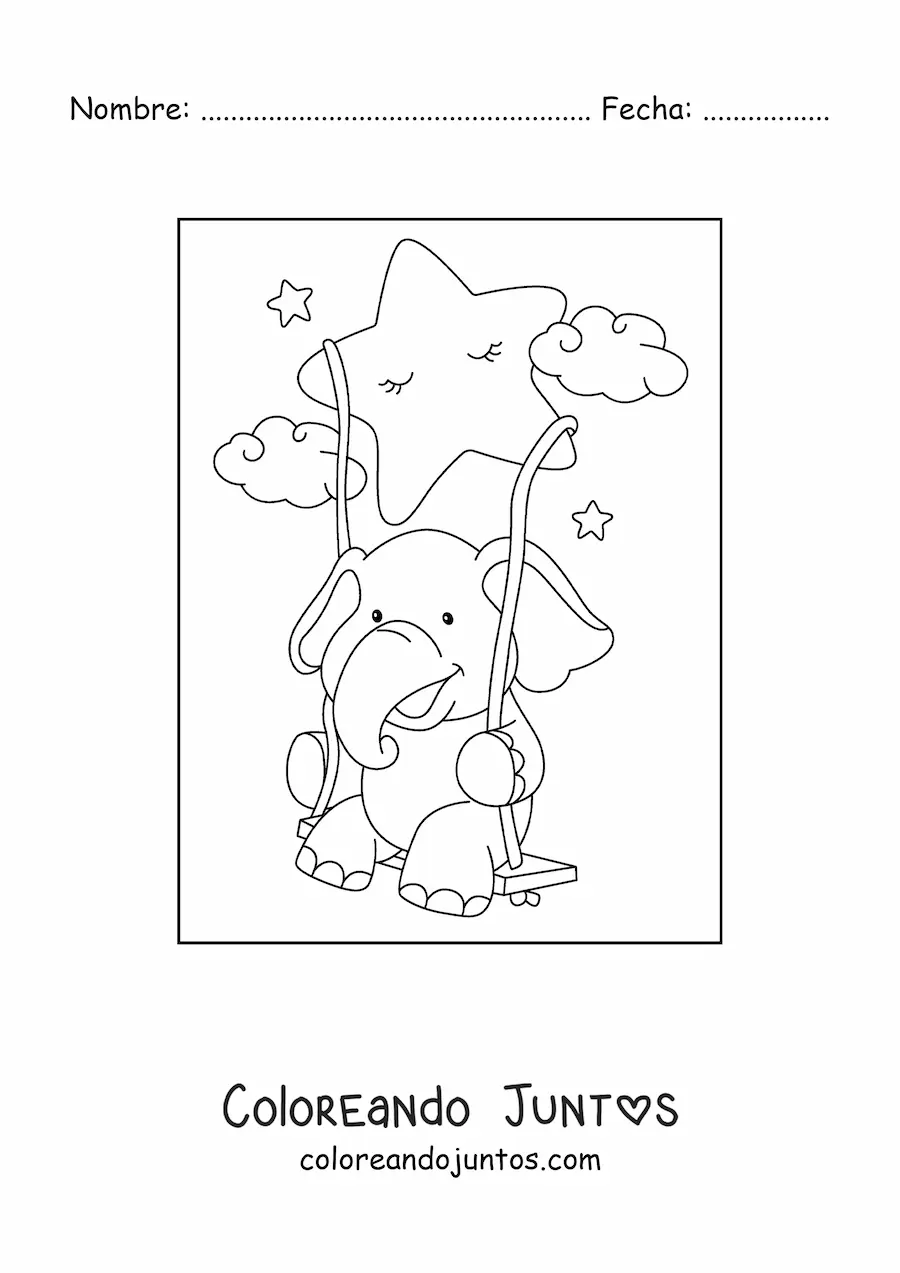 Imagen para colorear de un elefante kawaii sentado en un columpio colgado a una estrella animada