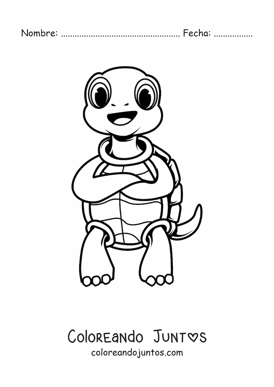 Imagen para colorear de una tortuga animada en dos patas con brazos cruzados