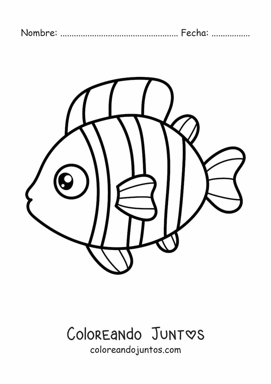 Imagen para colorear de un pez payaso kawaii de perfil hacia la izquierda
