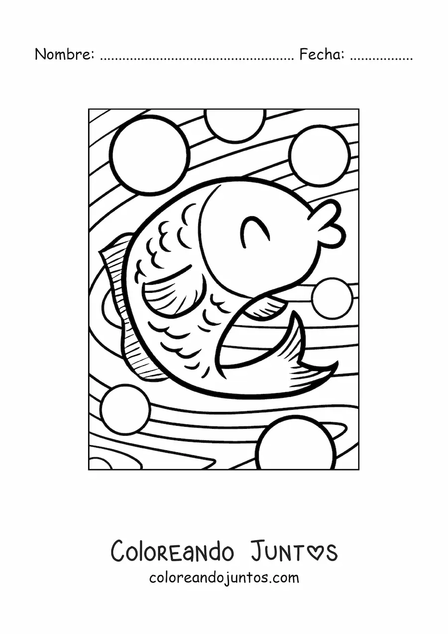 Imagen para colorear de un pez animado feliz nadando en el mar entre burbujas con los ojos cerrados