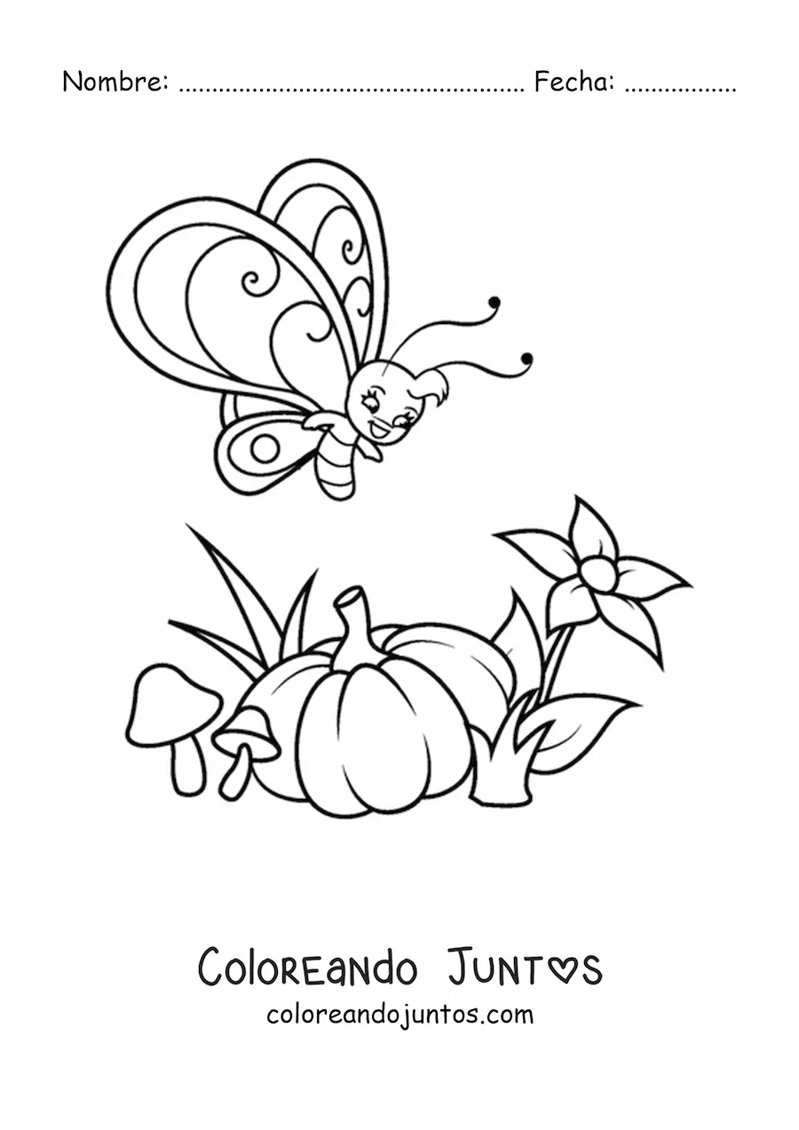 Imagen para colorear de una mariposa animada volando cerca de una calabaza