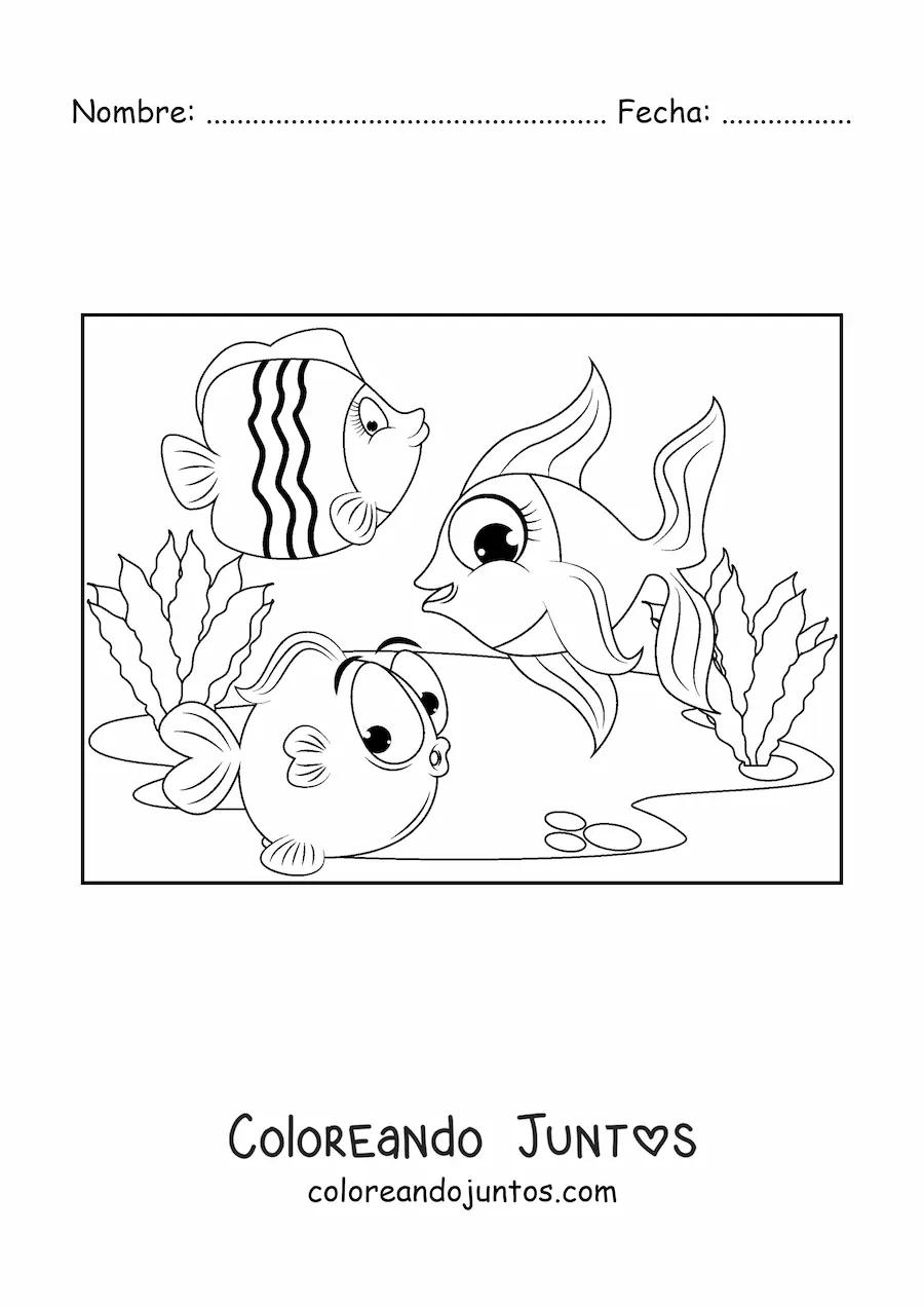 Imagen para colorear de tres peces animados nadando juntos entre algas marinas