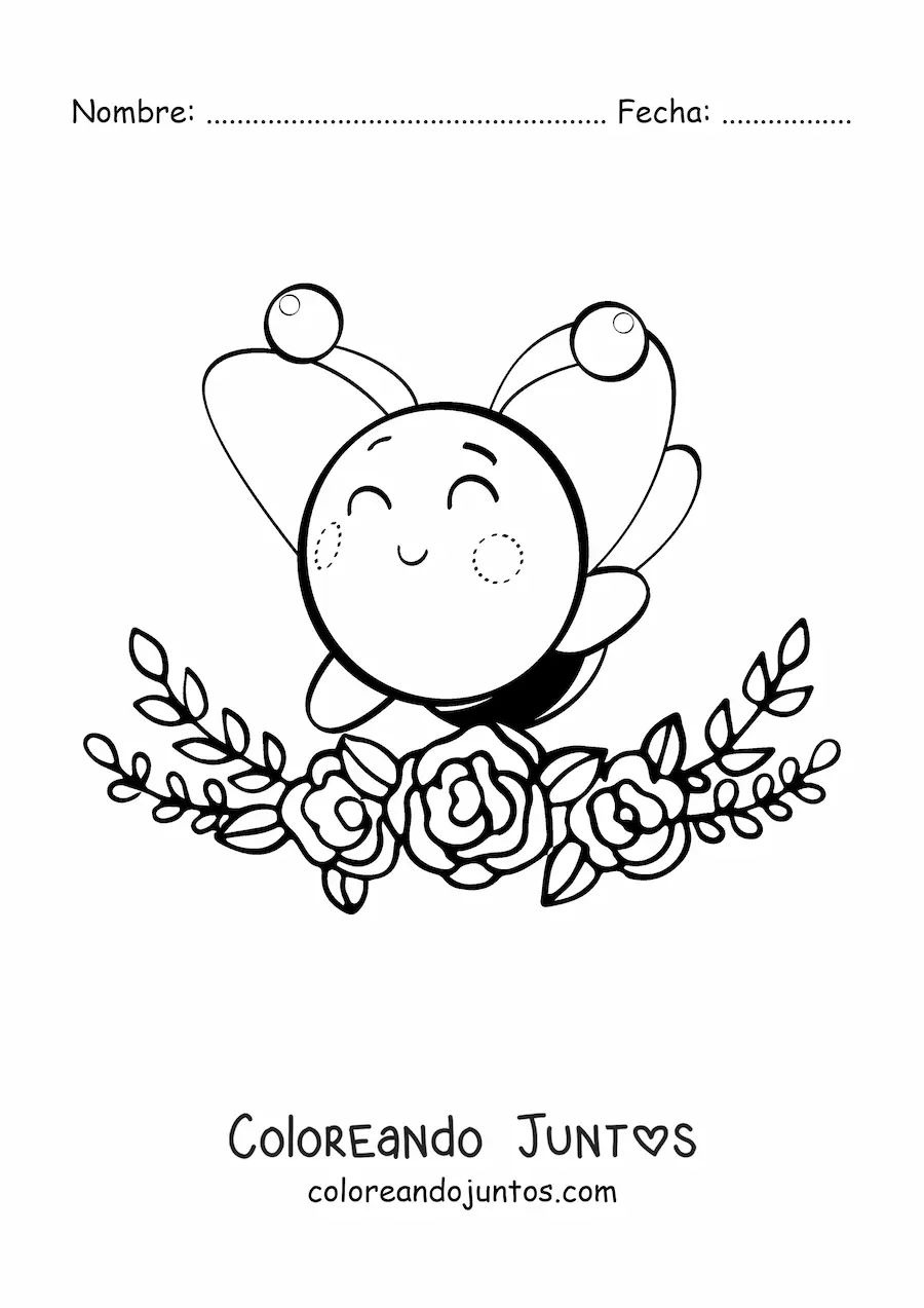 Imagen para colorear de una abeja kawaii grande volando sonriente sobre un adorno de flores