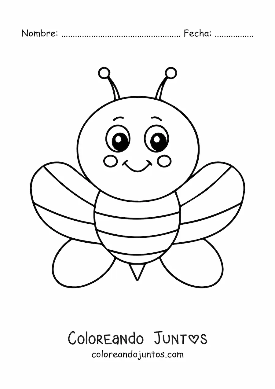 Imagen para colorear de una abeja kawaii animada grande y sonriente de frente con las alas abiertas