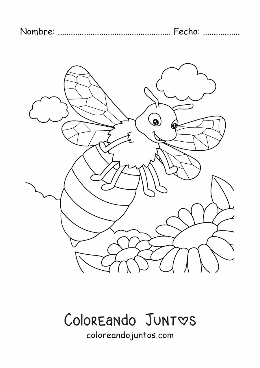 Imagen para colorear de una abeja animada grande volando entre las flores