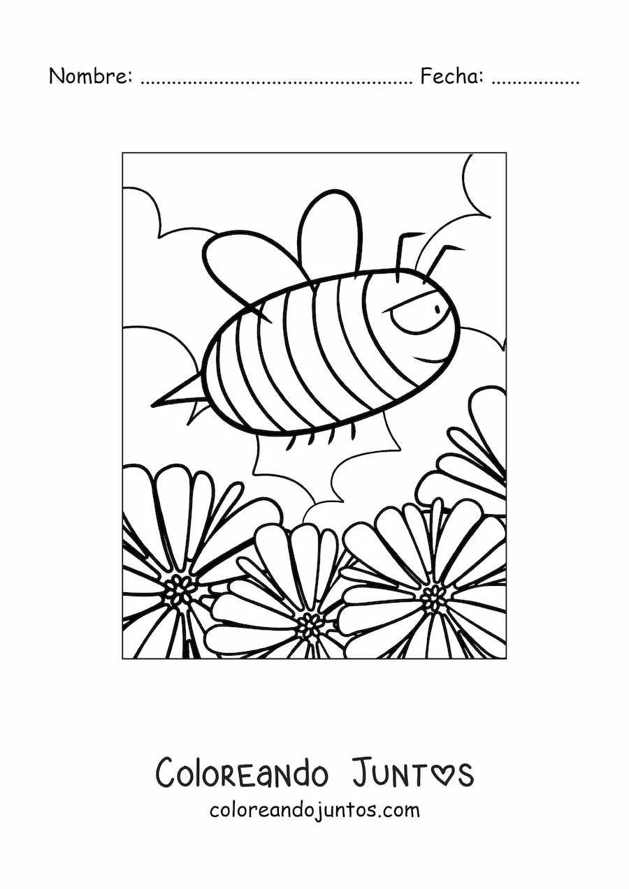 Imagen para colorear de la caricatura de una abeja veloz volando sobre las flores