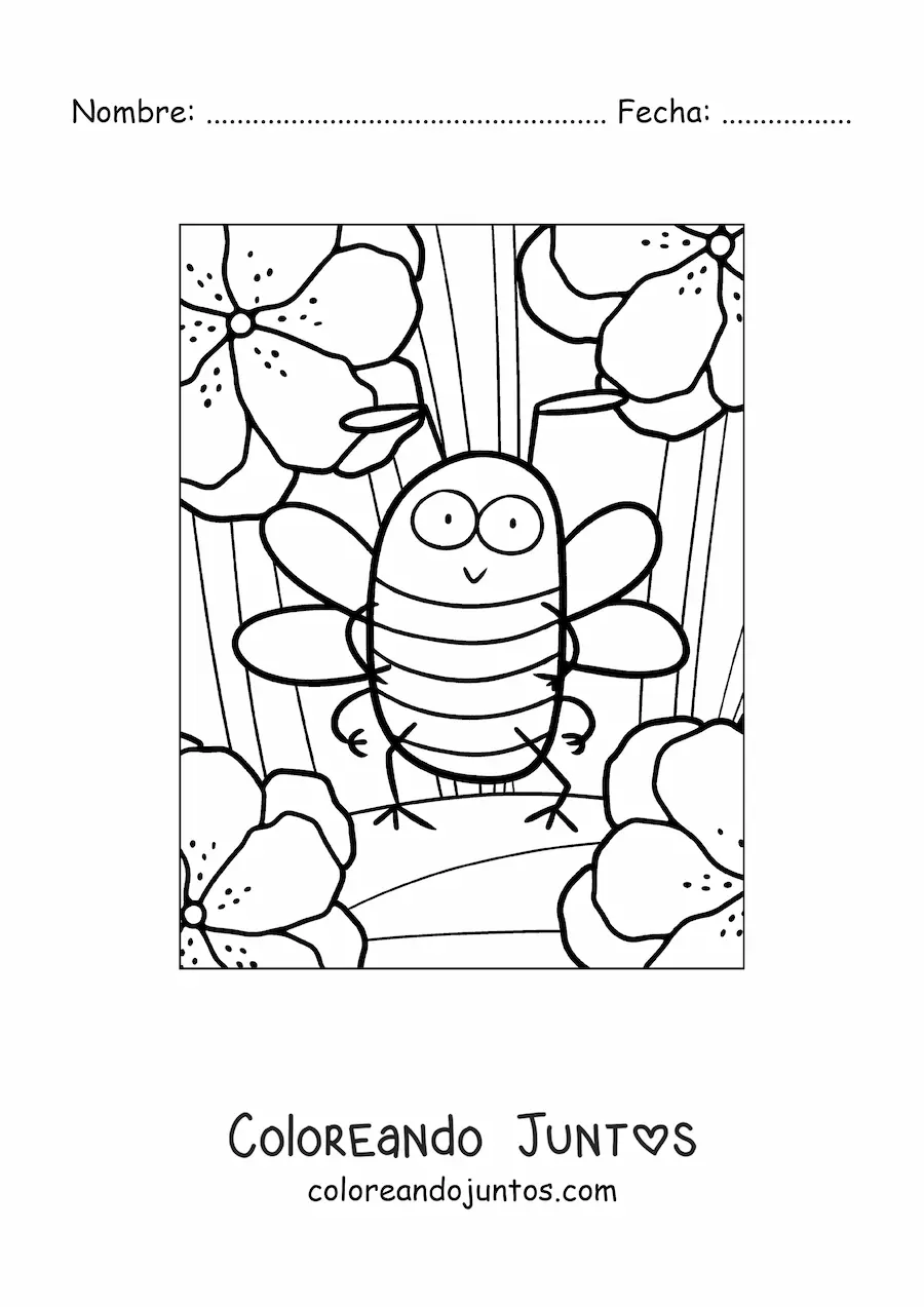 Imagen para colorear de la caricatura de una abeja en dos patas de pie entre las flores